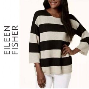 Eileen Fisher Bold Black and Cream Striped Organic Linen Sweater Size Medium